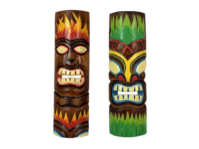 Set of 2 Tiki Wall Masks, 20 Inch Fire and Earth Wood Totems