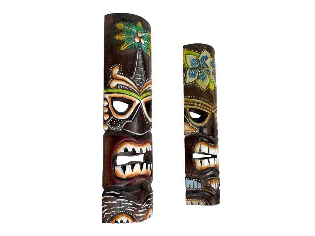 Set of 2 Hand Crafted Wooden 20 Inch Tiki Wall Masks Palm Tree and Plumeria Flower Designs Tropical Décor