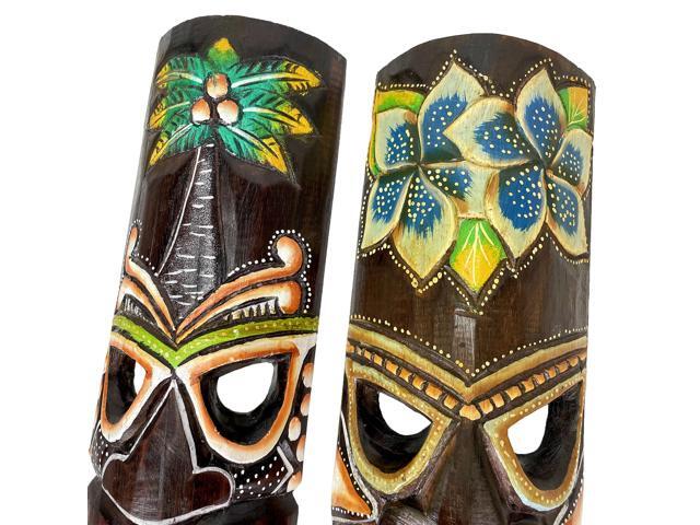 Set of 2 Hand Crafted Wooden 20 Inch Tiki Wall Masks Palm Tree and Plumeria Flower Designs Tropical Décor
