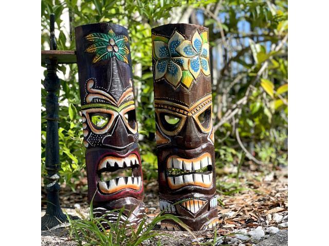 Set of 2 Hand Crafted Wooden 20 Inch Tiki Wall Masks Palm Tree and Plumeria Flower Designs Tropical Décor