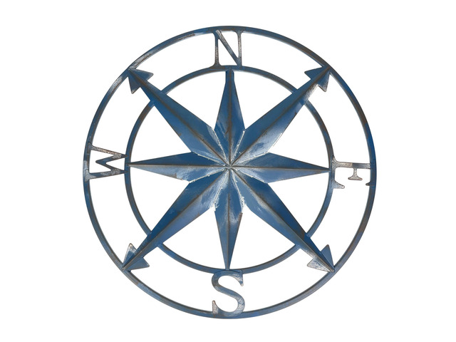 Compass Rose Wall Decor, 20 Inch Blue Metal Nautical Art