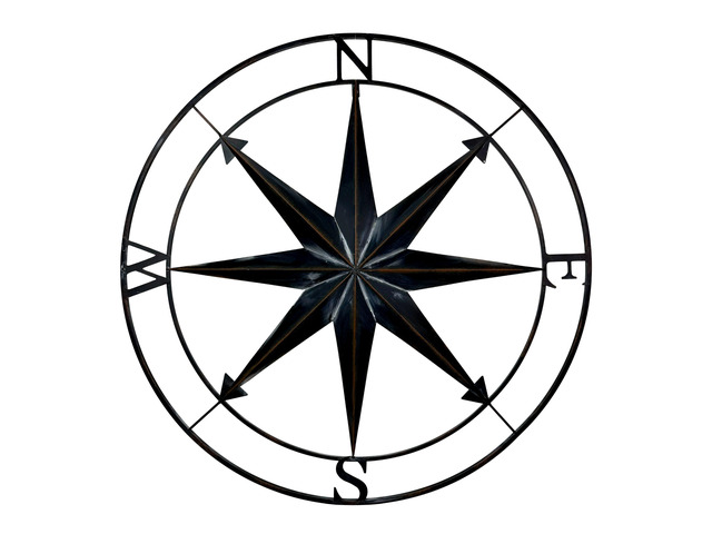 Compass Rose Wall Sculpture, 39.5 Inch Diameter Black Distressed Metal