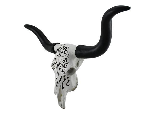 Longhorn and Lace Exquisite Black & White Filigree Hand-Painted Design Steer Skull Wall Decor - 27.25 Inches Long - Western Charm Meets Art Deco...