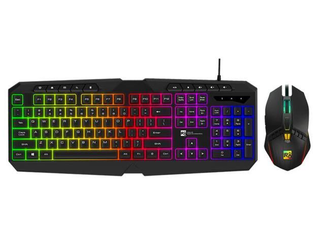 R8 KM1920 Wired Multimedia LED Rainbow backlight gaming keyboard and mouse combo Black