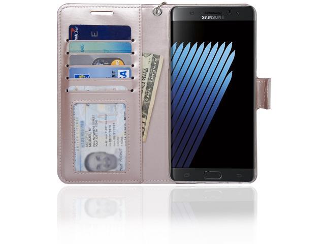 Samsung Note 7 Folio-3 Thin Layer Wallet Case with Ear speaker hole, 5 Cards pocket and handstrap - Navor (Rose Gold)