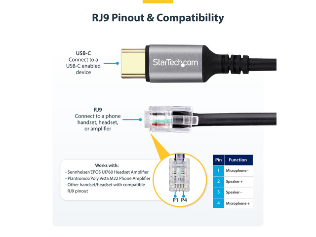 StarTech USB-C to RJ9 Adapter for Office Phone Handset or Wired/Wireless Headset, Use Existing Landline Hardware, 6ft/1.8m, For Laptop/Desktop...