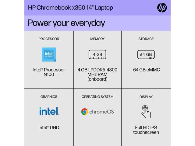 HP 14bcd0000nr 14' Touchscreen Chromebook N100 4GB 64GB eMMC ChromeOS 9P9X3UAABA