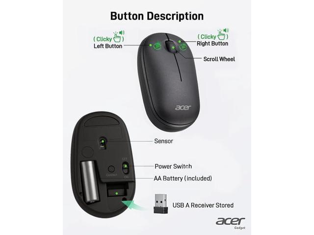 Acer Computer Mouse Wireless, 2.4G Slim USB Wireless Mice with USB-A Receiver, 1600 DPI Optical, Laptop Mouse with Plug and Play for Right/Left...