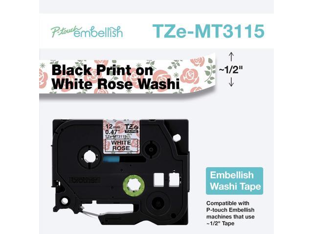 Brother P-touch Embellish Black on White Rose Washi Tape 12mm (~1/2') x 4m - 15/32' - Rectangle - Black on White Rose