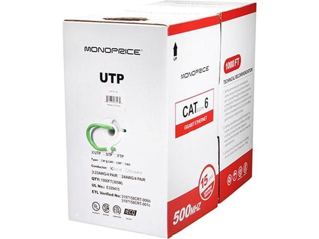 Monoprice Cat6 Ethernet Bulk Cable - Network Internet Cord - Solid, 500Mhz, UTP, CMR, Riser Rated, Pure Bare Copper Wire, 23AWG, 1000ft, Green