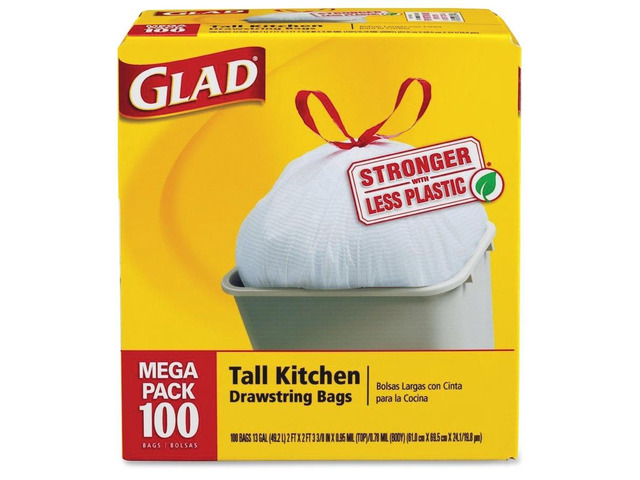 Glad Tall Kitchen Drawstring Trash Bags, 13 gal, 0.72 mil, 24' x 27.38', Gray, 100 Bags/Box, 4 Boxes/Carton CLO78526CT