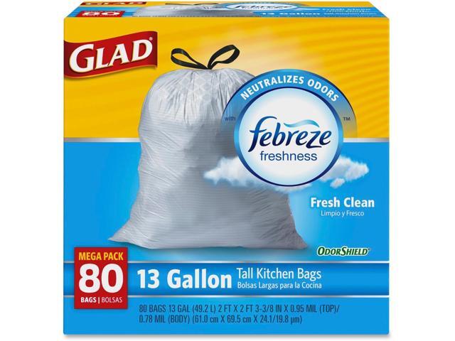 Odorshield Tall Kitchen Drawstring Bags, Fresh Clean, 13 Gal, White, 80/box
