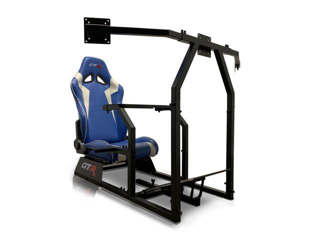 GTR Racing Simulator GTAF-BLK-S105LBLWHT - GTA-F Model (Black) Triple or Single Monitor Stand with Blue/White Adjustable Leatherette Seat, Racing.