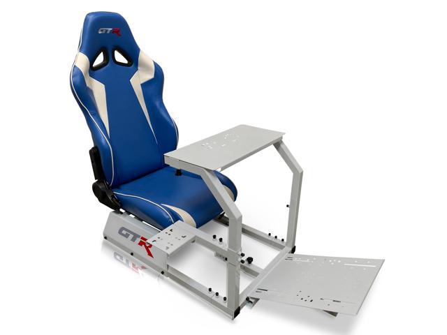 GTR Racing Simulator GTA-S-S105LBLWHT- GTA Model Silver Frame with Blue/White Real Racing Seat, Driving Simulator Cockpit Gaming Chair with Gear.