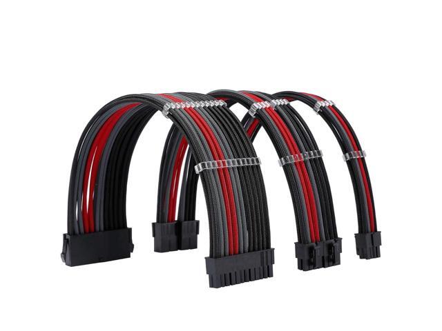 Sleeve Extension Power Supply Cable Kit 18AWG ATX 24P+ EPS 8-P+PCI-E8-P with Combs for PSU to Motherboard/GPU Fm-NCK3 (Black Grey Red)