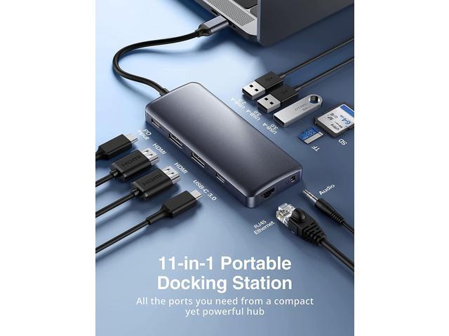 USB C Hub, 11-in-1 Docking Station with Dual 4K HDMI,Ultra-Slim, 4 USB Ports, 100W PD Charging, SD/TF Cards Reader, for...