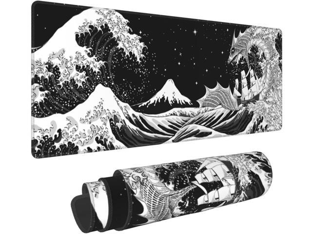 Black and White Japanese Waves Sea Dragon Gaming Mouse Pad XL, Extended Large Mouse Mat Desk Pad, Stitched Edges Mousepad, Long Non-Slip Rubber.