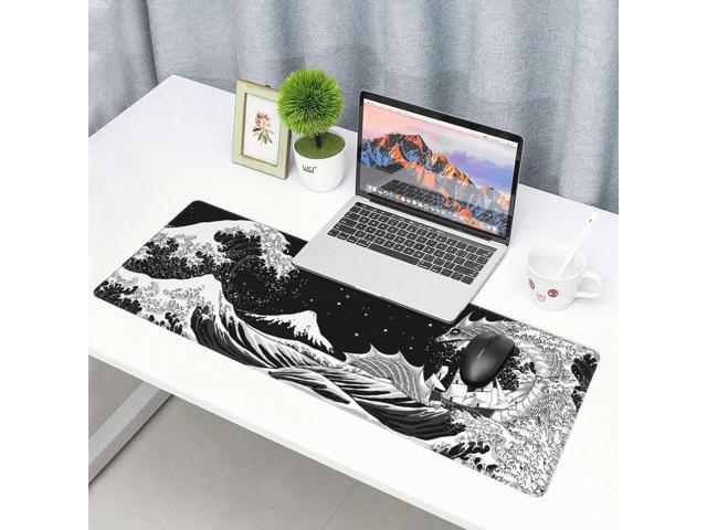 Black and White Japanese Waves Sea Dragon Gaming Mouse Pad XL, Extended Large Mouse Mat Desk Pad, Stitched Edges Mousepad, Long Non-Slip Rubber...
