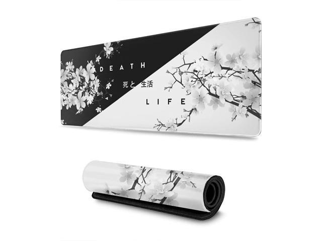 Japanese Black and White Cherry Blossom Gaming Mouse Pad XL Extended Large Mouse Mat Desk Pad Stitched Edges Mousepad Long Non-Slip Rubber Base.
