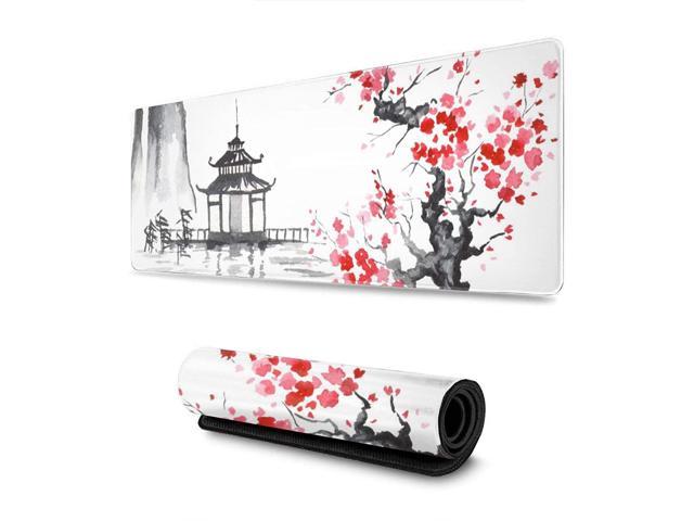Black and White Japanese Sumi-E Painting Cherry Blossom Temple Art Gaming Mouse Pad XL Extended Large Mouse Mat Desk Pad Stitched Edges Mousepad.
