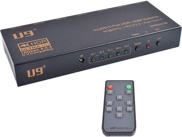HDMI Switch 5 Port 5x1 HDMI 2.0 4K@60Hz Switcher Automatic Selector Box 18Gbps 4:4:4 2160P HDCP 2.2 HDR Vision Atmos IR Remote Control HDCP 2.2 U9...