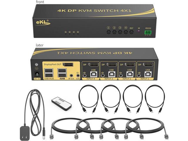 eKL KVM Switch Displayport 4 Port DP 1.2 4x1 Supports 4K@60Hz 4:4:4 hotkey Switching Keyboard Mouse Audio with USB 2.0 Control up to 4 PCs