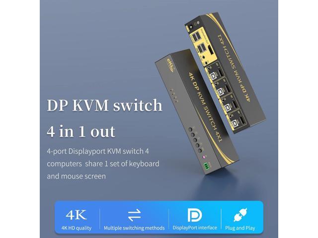 eKL KVM Switch Displayport 4 Port DP 1.2 4x1 Supports 4K@60Hz 4:4:4 hotkey Switching Keyboard Mouse Audio with USB 2.0 Control up to 4 PCs