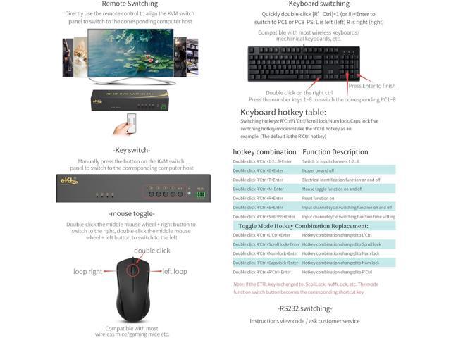 eKL KVM Switch Displayport 4 Port DP 1.2 4x1 Supports 4K@60Hz 4:4:4 hotkey Switching Keyboard Mouse Audio with USB 2.0 Control up to 4 PCs