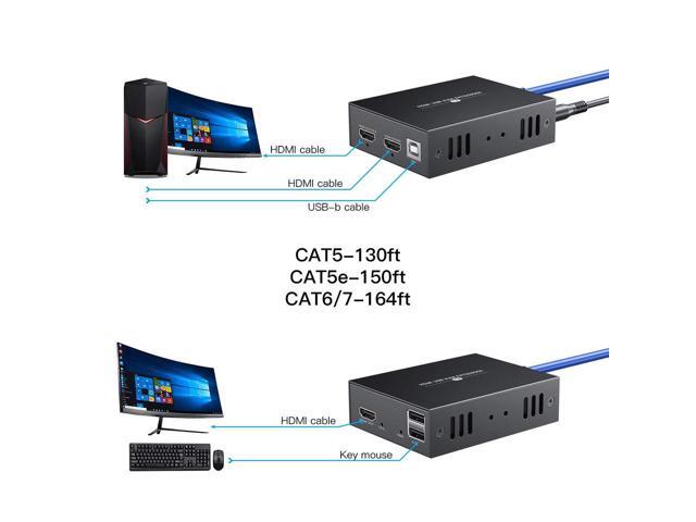 HDMI KVM USB Extender Transmit 1080p HD Video Over Cat5e/6 Ethernet Cable 50m (164ft) for Mouse and Keyboard Control Remote Signals