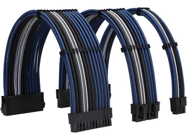 Power Supply Sleeved Cable 18AWG ATX 24P+ EPS 8-P+PCI-E8-P PSU Extension Cable Kit 30cm Length with Cable Combs (Black-Blue Black-White Black)