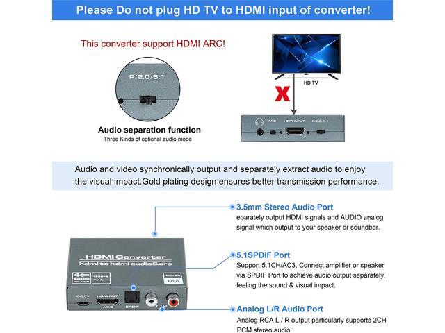 4K@60HZ HDMI Audio Extractor, avedio links HDMI to HDMI with Optical TOSLINK SPDIF + 5.1/2CH + 3.5mm RCA R/L Audio Converter HDMI Audio Splitter...