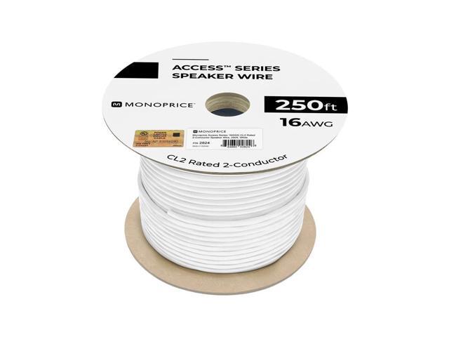Monoprice Access Series 16 Gauge AWG CL2 Rated 2 Conductor Speaker Wire / Cable - 250ft Fire Safety In Wall Rated, Jacketed In White PVC Material.