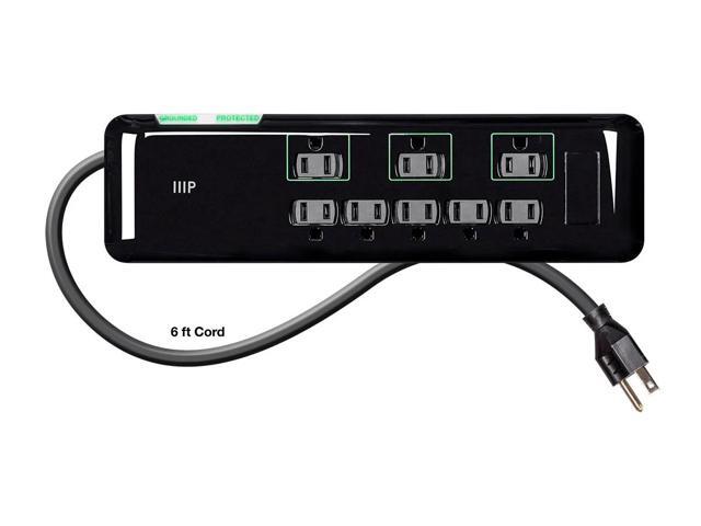 Monoprice 8 Outlet Mini Surge Protector - 6 Feet - Black Heavy Duty Cord UL Rated 3,420 Joules With Grounded And Protected Light Indicator