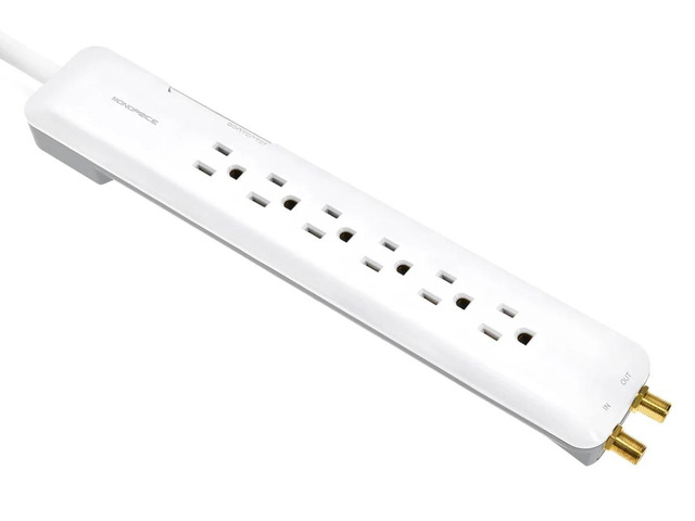Monoprice Power & Surge - 6 Outlet Slim Surge Protector Power Strip With Coaxial Line Protection - 4 Feet - White Cord UL Rated 1,080 Joules With...