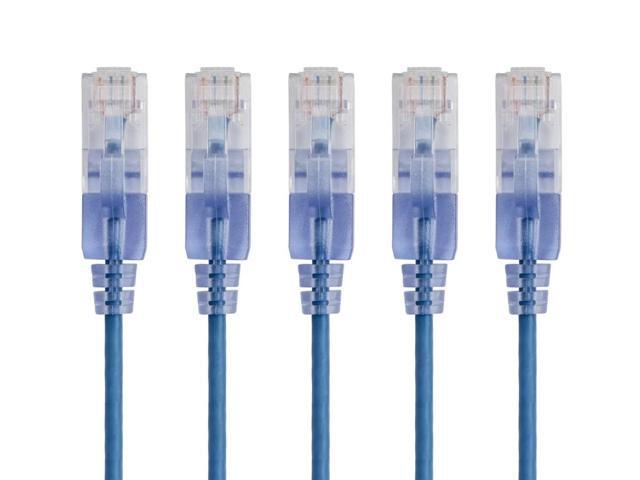 Monoprice SlimRun Cat6A Ethernet Patch Cable - Network Internet Cord - RJ45, 550Mhz, UTP, Pure Bare Copper Wire, 10G, 30AWG, 10ft, Blue, 5-Pack