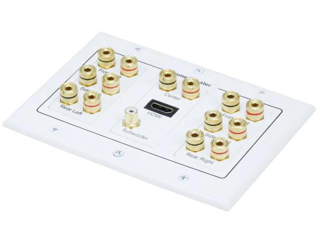 Monoprice 3-Gang 7.1 Surround Sound Distribution Wall Plate - White - With HDMI, For Home Theater, Speaker Wire And More