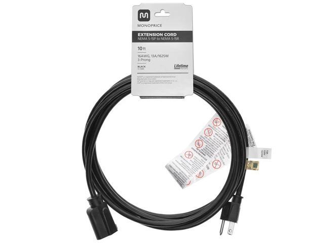 Monoprice 3-Prong Extension Cord - 10 Feet - Black NEMA 5-15P to NEMA 5-15R, 16AWG, 13A