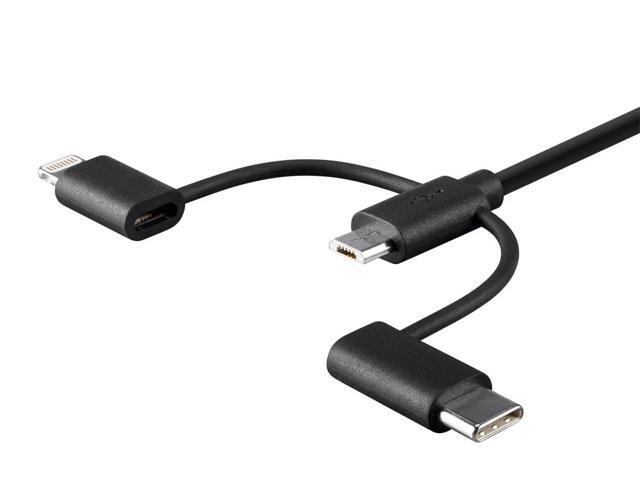 Monoprice USB & Lightning Cable - 3 Feet - Black MFi Certified USB to Micro USB + USB Type-C + Lightning 3 in 1 Charge & Sync Cable