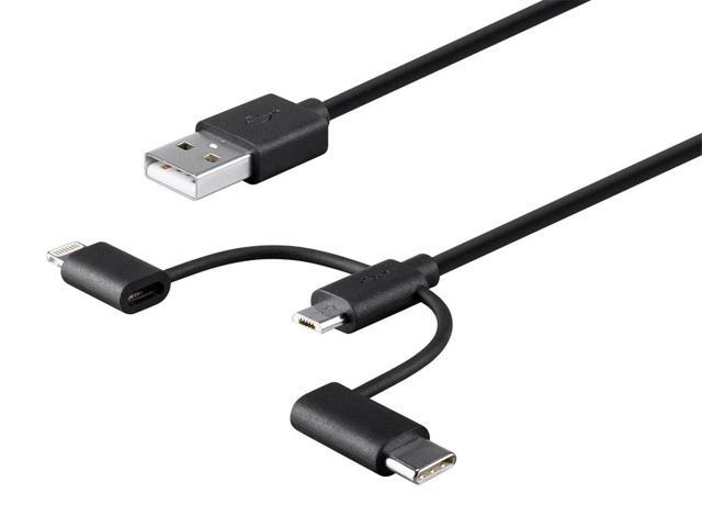 Monoprice USB & Lightning Cable - 3 Feet - Black MFi Certified USB to Micro USB + USB Type-C + Lightning 3 in 1 Charge & Sync Cable