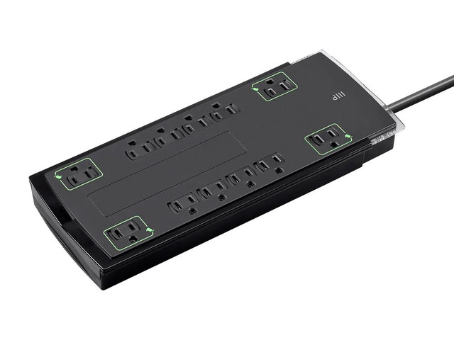 Monoprice 12 Outlet Slim Surge Protector Power Strip - 10 Feet - Black Heavy Duty Cord UL Rated, 4,230 Joules With Grounded And Protected Light...