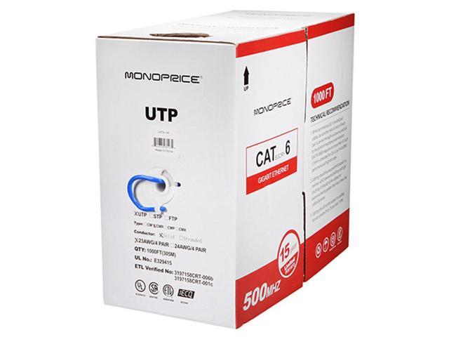 Monoprice Cat6 Ethernet Bulk Cable - Network Internet Cord - Solid, 500Mhz, UTP, CMR, Riser Rated, Pure Bare Copper Wire, 23AWG, 1000ft, Blue