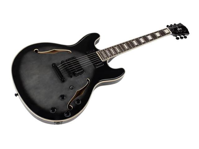 Monoprice Indio Boardwalk Flamed Maple Hollow Body Electric Guitar - Charcoal, With Gig Bag