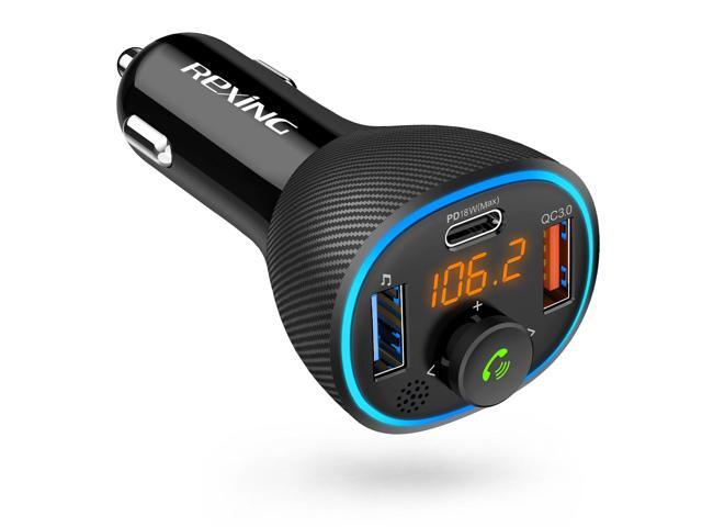 Rexing FM Transmitter Car Charger w/Bluetooth 5.0, Wireless Audio Adapter Dual USB & Type C, Quick Charge 3.0, Enhanced Bass Music Player,...