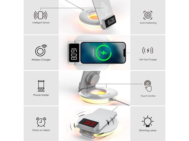 Rexing 3-in-1 Wireless Charging Station, Touch Control, Table Lamps for Home and Office, Desk Lamp with Cable, 15W Qi-certified Charging, Alarm...