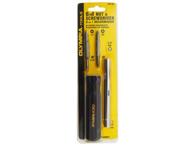 Olympia Tools 6-in-1 Nut and Screwdriver, 1/4' and 3/16' Slotted, #1 and #2 Phillips, 1/4' and 5/16' Hex