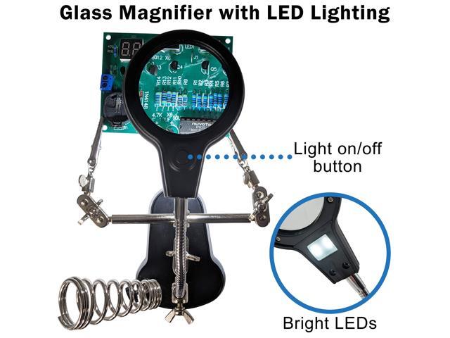 Helping Hand Project Holder with Flexible 2.5x Magnifying Glass, LED Lights, and Soldering Iron Holder