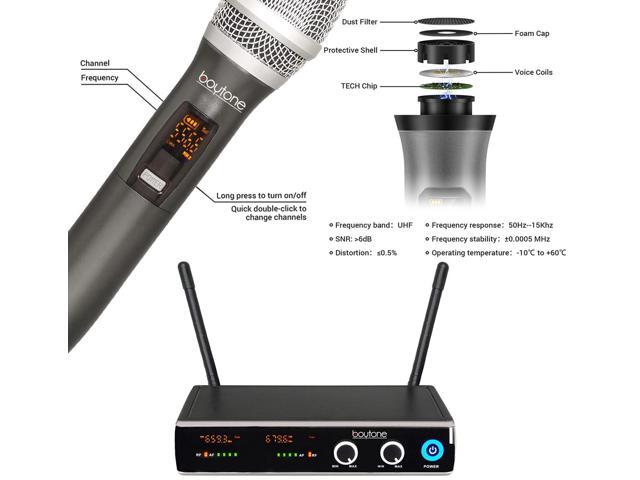 Boytone BT-102UM UHF Digital Wireless Microphone System Dual Fixed Frequency Wireless Mic Receiver, 2 Metal Handheld Dynamic Transmitter Mics, for...