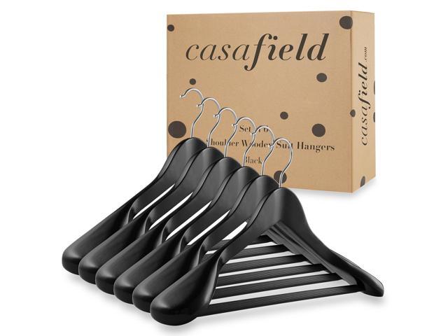 Casafield - 6 Black Wide Shoulder Wooden Suit Hangers - Premium Lotus Wood, Non-Slip Pant Bar & Chrome Swivel Hook for Dress Clothes, Coats,...