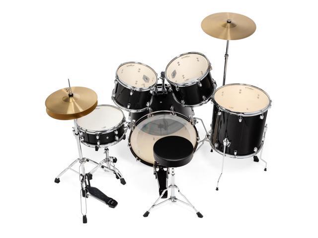 Ashthorpe 5-Piece Full Size Adult Drum Set with Remo Heads & Premium Brass Cymbals - Complete Professional Percussion Kit with Chrome Hardware - Black
