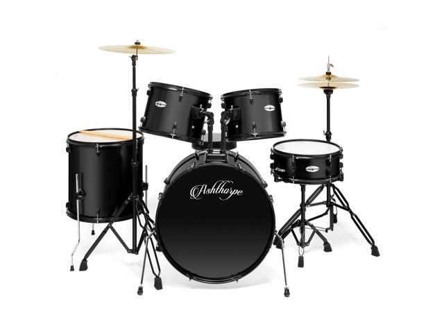Ashthorpe 5-Piece Complete Full Size Adult Drum Set with Remo Batter Heads - Black